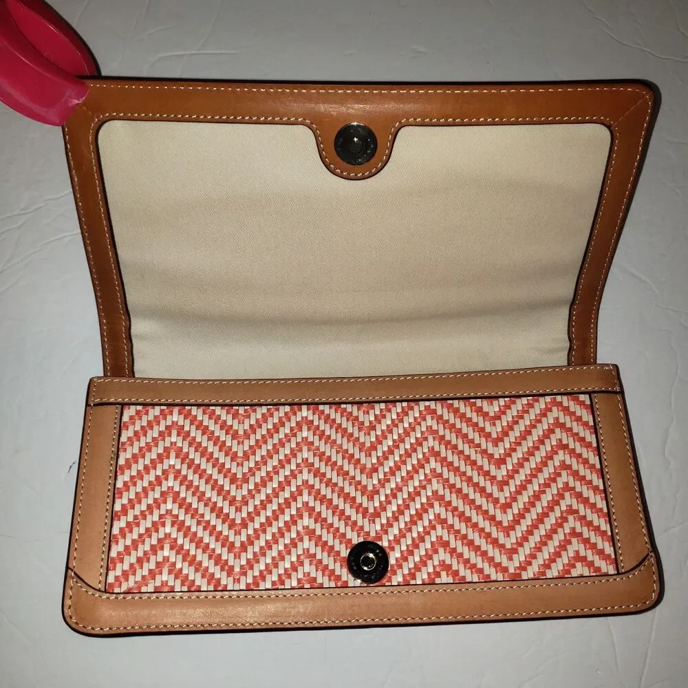 J. MCLAUGHLIN  Orange Cream Woven Tan Leather Clutch Purse